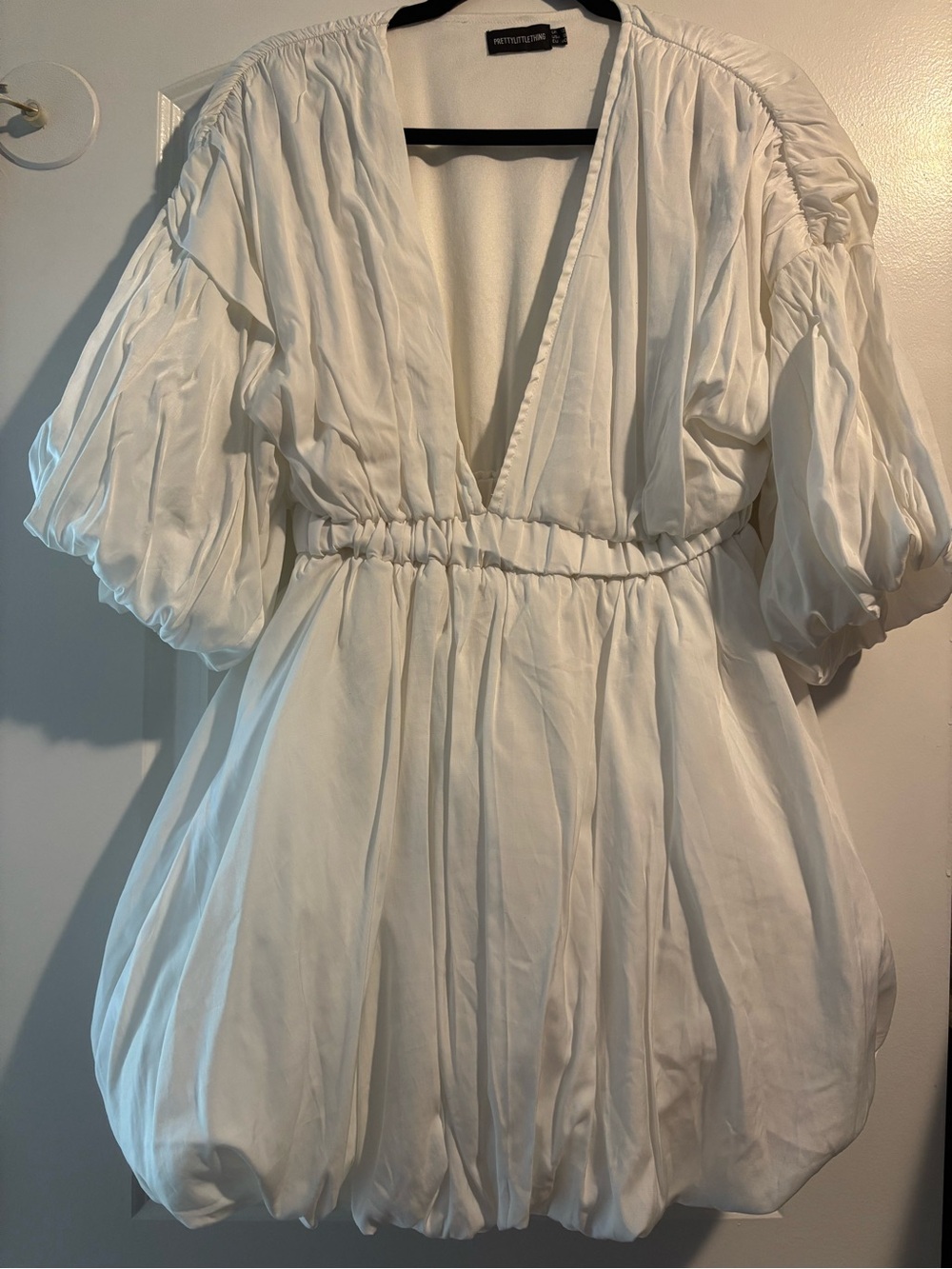PrettyLittleThing White Puff Sleeve Bubble Hem Mini Dress